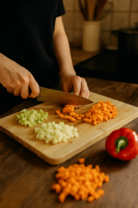 Chopping carrots, celery, and bell pepper for Romanian meatball soup on a wooden cutting board.