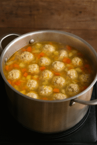 Cooking meatballs in a simmering pot with vegetables and broth for Romanian meatball soup.