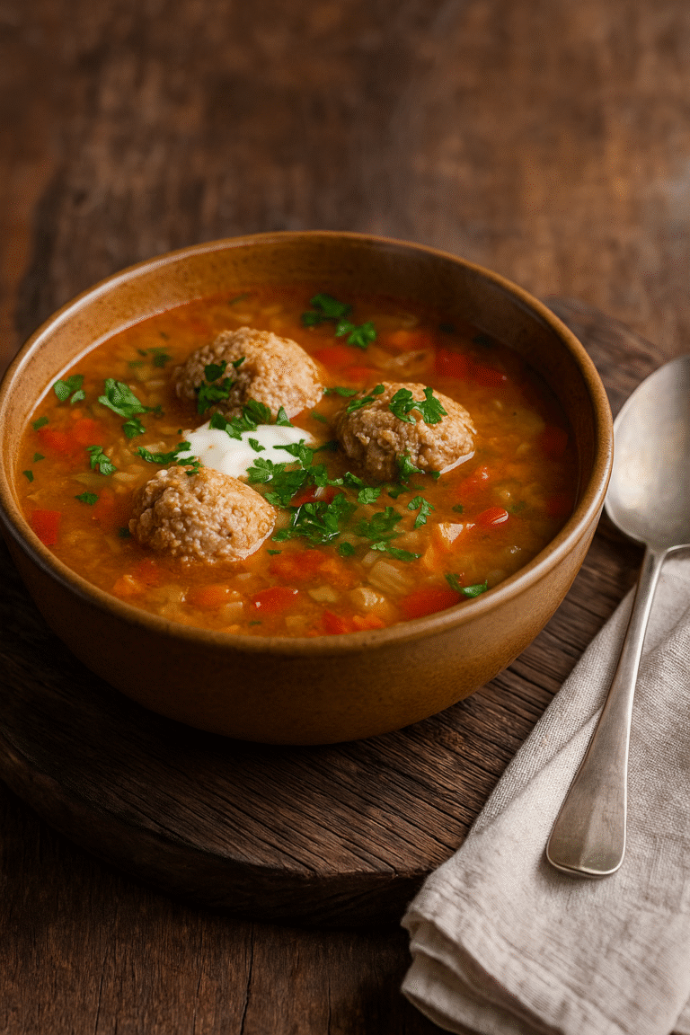 Romanian meatball soup served hot in a rustic bowl with parsley garnish and visible steam.