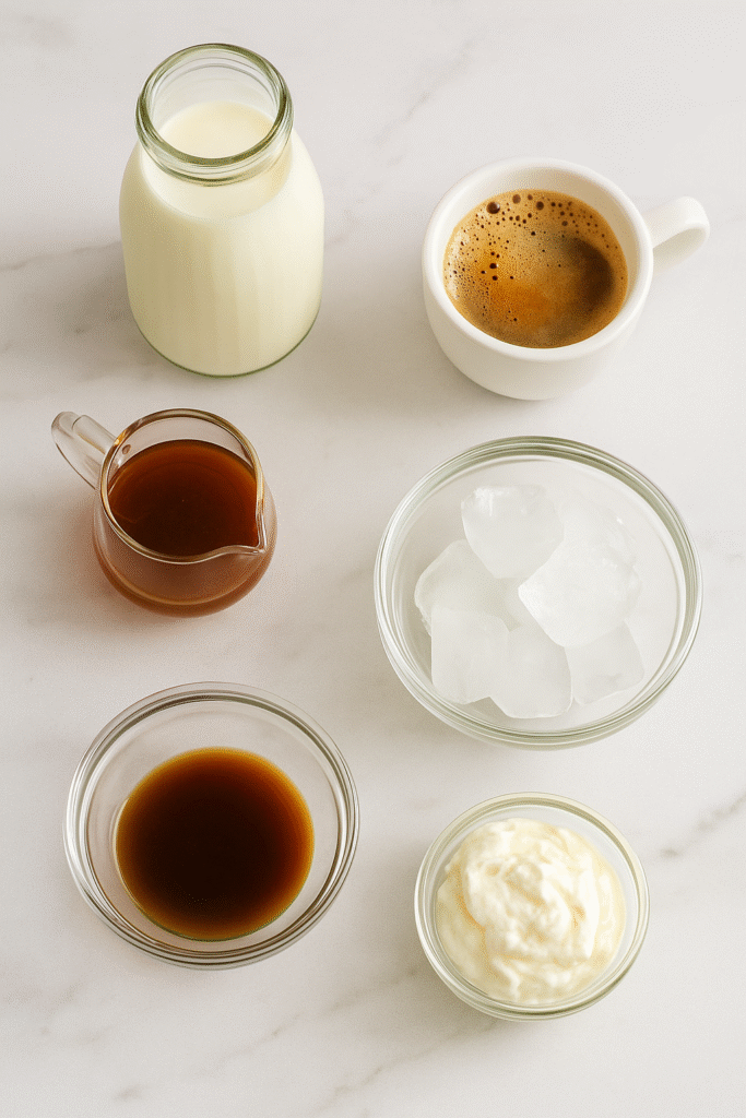Ingredients for iced caramel latte – milk, espresso, caramel syrup, ice cubes, and whipped cream arranged on a marble surface.