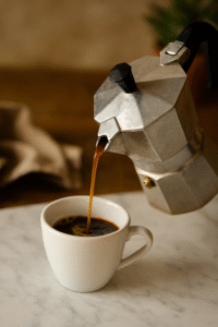 Brewing espresso for iced caramel latte using a moka pot in a cozy kitchen.
