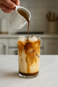 Pouring espresso over milk and ice to create layered iced caramel latte.