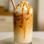 Iced caramel latte topped with whipped cream and caramel drizzle served in a tall glass.
