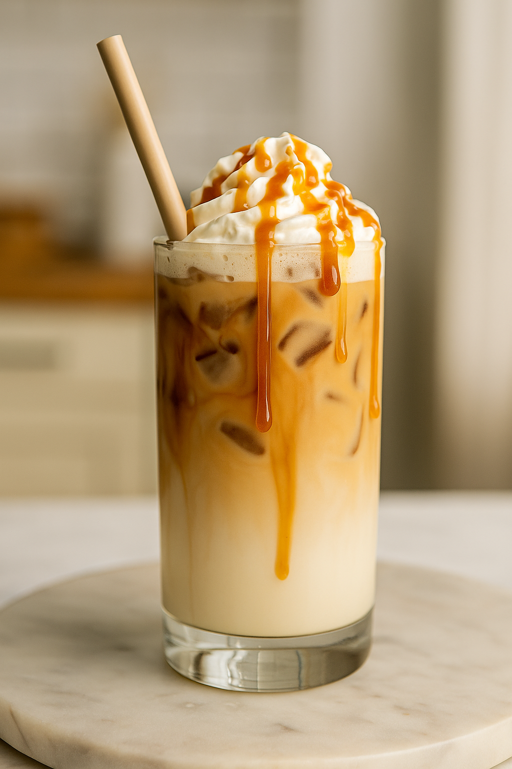 Iced caramel latte topped with whipped cream and caramel drizzle served in a tall glass.