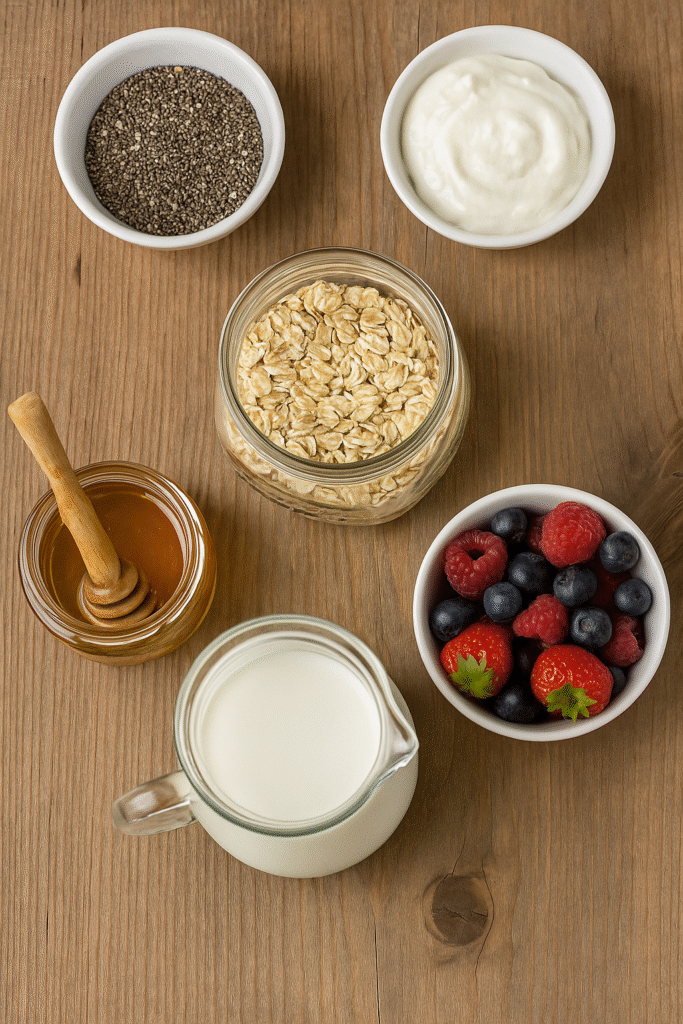Ingredients for overnight oats with berries and chia – oats, chia seeds, milk, yogurt, honey, and berries arranged on a wooden table.
