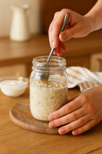 Mixing oats, chia seeds, milk, and yogurt to prepare overnight oats with berries and chia.