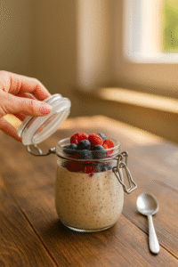 Serving overnight oats with berries and chia in the morning, ready to eat.