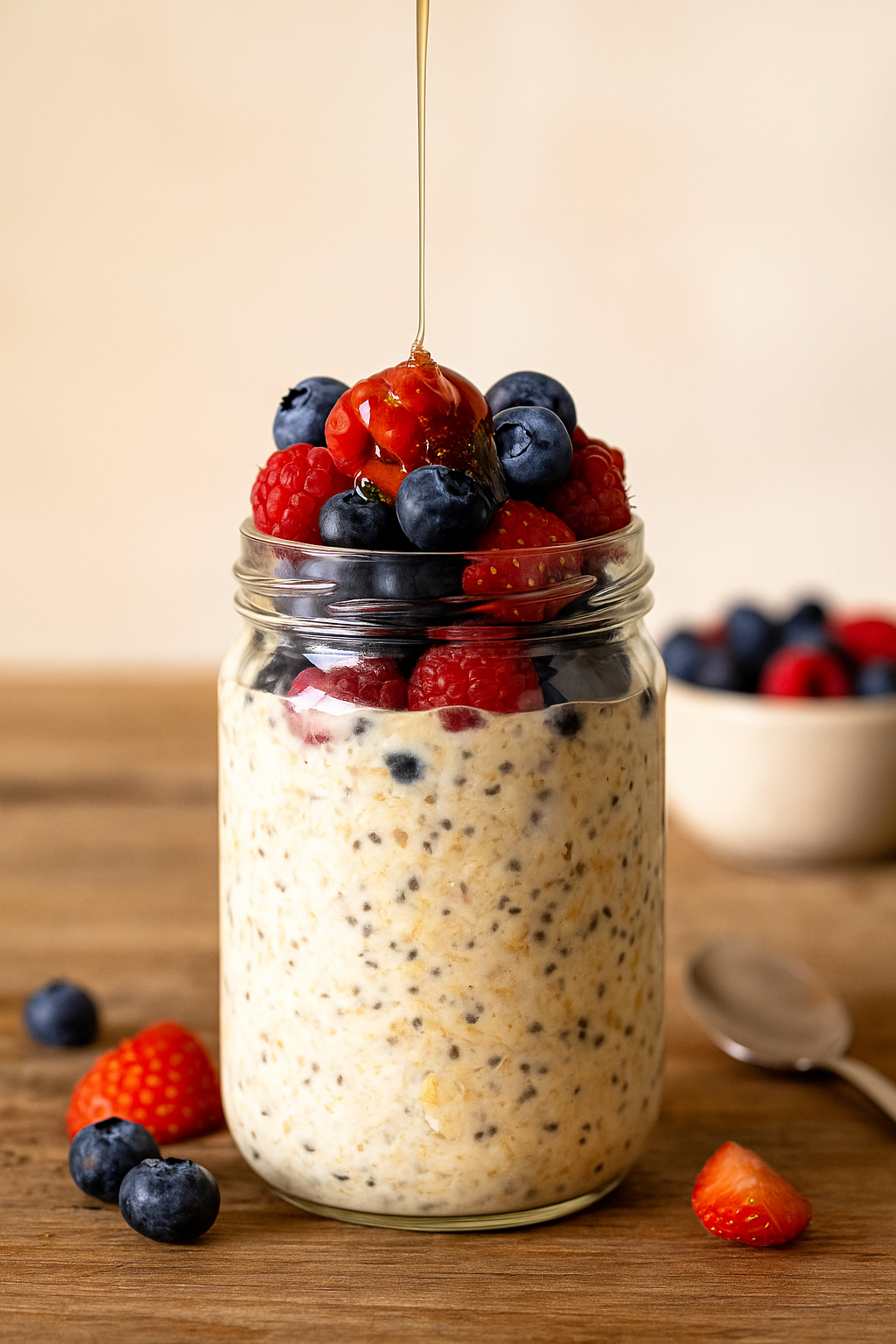 Final jar of overnight oats with berries and chia topped with honey and fresh fruit.