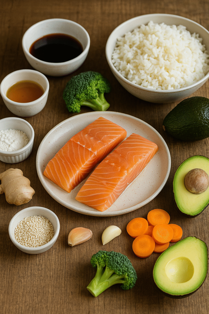 Fresh ingredients for Teriyaki Salmon Bowl including salmon fillets, soy sauce, honey, ginger, garlic, broccoli, carrots, avocado, jasmine rice, and sesame seeds arranged on a wooden surface.