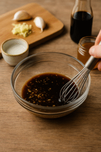 Preparing teriyaki sauce for Teriyaki Salmon Bowl by whisking soy sauce, honey, vinegar, ginger, and garlic together in a glass bowl.