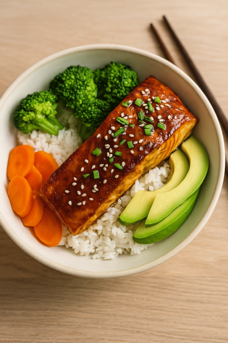 Finished Teriyaki Salmon Bowl served with sesame seeds, green onions, and chopsticks beside the bowl for final presentation.