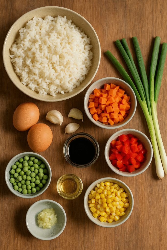 Fresh ingredients for Vegetable Fried Rice including rice, eggs, peas, carrots, corn, onion, garlic, bell pepper, soy sauce, sesame oil, and green onions on a wooden table.