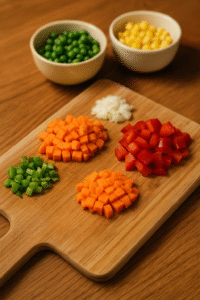 Chopped vegetables for Vegetable Fried Rice – diced carrots, onions, and bell peppers with small bowls of peas and corn beside them on a wooden cutting board.