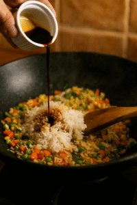 Soy sauce being poured over rice and vegetables in a wok to season and mix the Vegetable Fried Rice evenly.