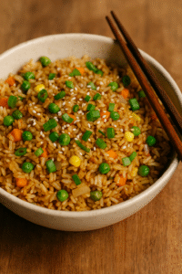 Final bowl of Vegetable Fried Rice topped with sesame seeds and chopped green onions, served with chopsticks on a wooden table.