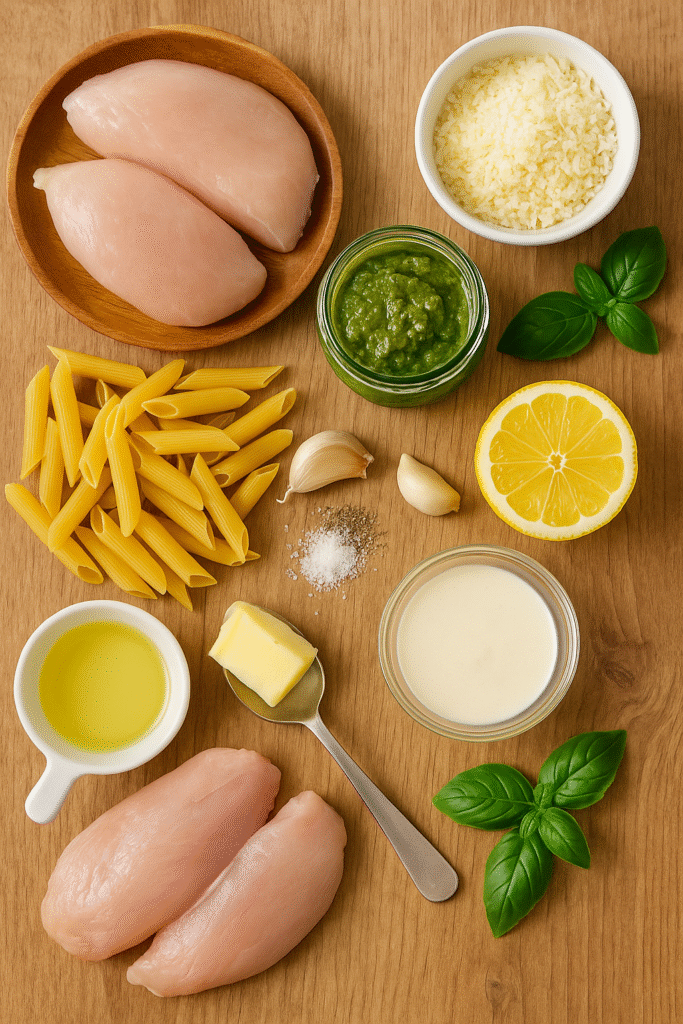 Fresh ingredients for Creamy Pesto Chicken Pasta arranged on a rustic wooden table โ chicken, pasta, pesto, Parmesan, garlic, cream, butter, olive oil, lemon, and basil.