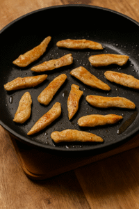 Golden brown chicken strips cooking in olive oil for Creamy Pesto Chicken Pasta, shown in a non-stick skillet under warm natural light.