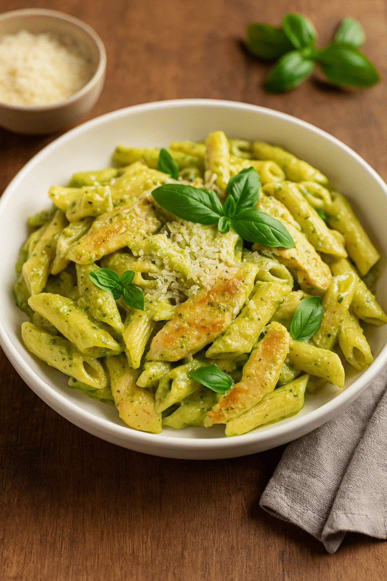 Final bowl of Creamy Pesto Chicken Pasta served with fresh basil and grated Parmesan on top, bright and creamy Italian dinner.