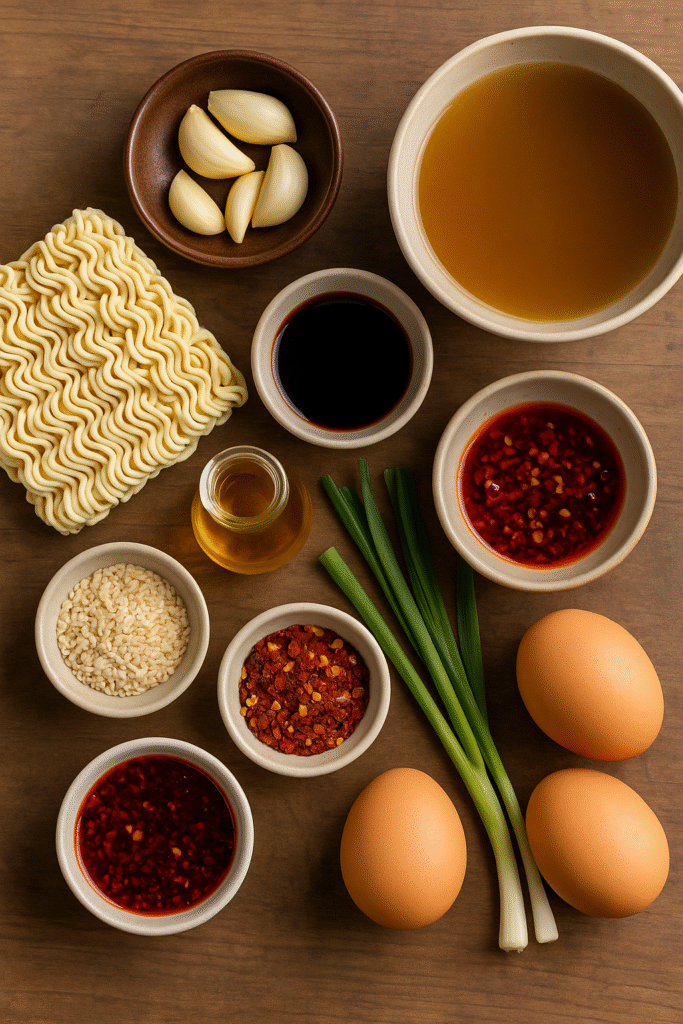 Ingredients for Spicy Garlic Ramen arranged on a rustic wooden table — noodles, garlic, chili oil, sesame oil, soy sauce, broth, eggs, and green onions.