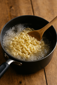 Ramen noodles boiling in water for Spicy Garlic Ramen, steam rising from the pot.