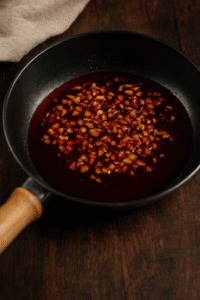 Garlic sizzling in chili oil and sesame oil in a skillet for Spicy Garlic Ramen.