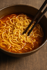 Spicy Garlic Ramen noodles being mixed into rich red broth in a rustic bowl.
