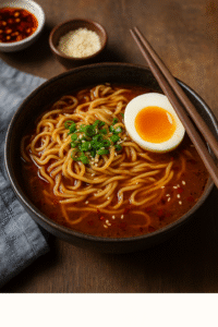 A bowl of Spicy Garlic Ramen topped with soft-boiled egg, green onions, sesame seeds, and chili oil drizzle.