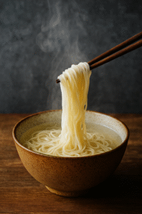 Boiling rice noodles for Spicy Thai Noodles recipe in a pot of water.