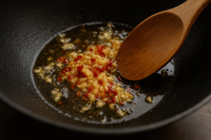 Sautéing garlic and chili in a wok for authentic Spicy Thai Noodles flavor.