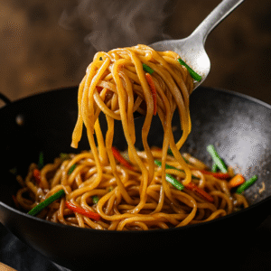 Colorful vegetables like carrots and bell peppers added to Spicy Thai Noodles stir-fry.