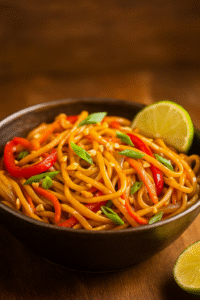 Tossing noodles with sauce and veggies in a wok to finish Spicy Thai Noodles.