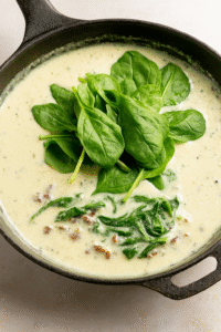 Adding fresh spinach to the creamy sauce for Creamy Gnocchi with Spinach & Sun-Dried Tomatoes.