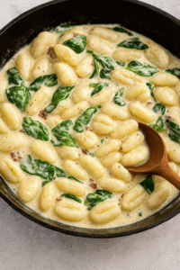 Mixing gnocchi with creamy sauce, spinach, and sun-dried tomatoes for Creamy Gnocchi with Spinach & Sun-Dried Tomatoes.