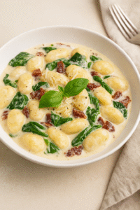 Creamy Gnocchi with Spinach & Sun-Dried Tomatoes served in a bowl topped with parmesan and basil.