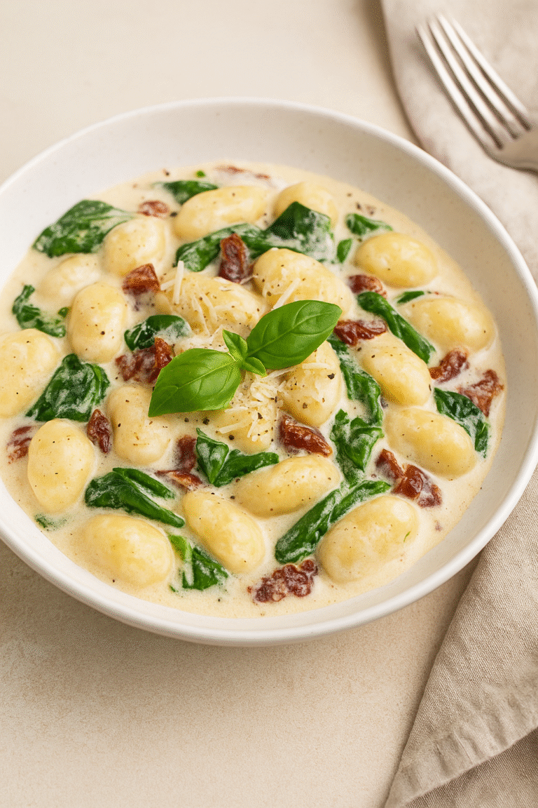 Creamy Gnocchi with Spinach & Sun-Dried Tomatoes served in a bowl topped with parmesan and basil.