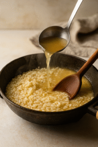 Adding warm broth gradually while stirring creamy mushroom risotto until smooth. ๐ฅฃ