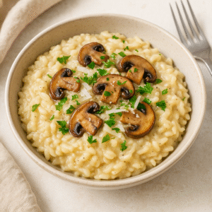 Creamy mushroom risotto served in a bowl, topped with parmesan, mushrooms, and parsley. ๐ฟ๐