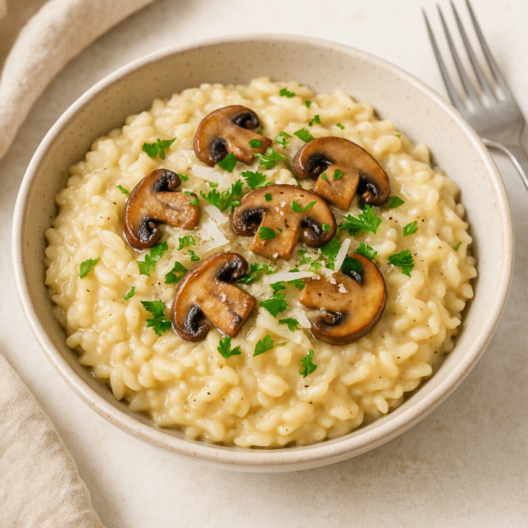 Creamy mushroom risotto served in a bowl, topped with parmesan, mushrooms, and parsley. 🌿🍚