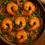Garlic butter shrimp ramen served in a bowl topped with green onions, coriander, and sesame seeds. 🌿🍜