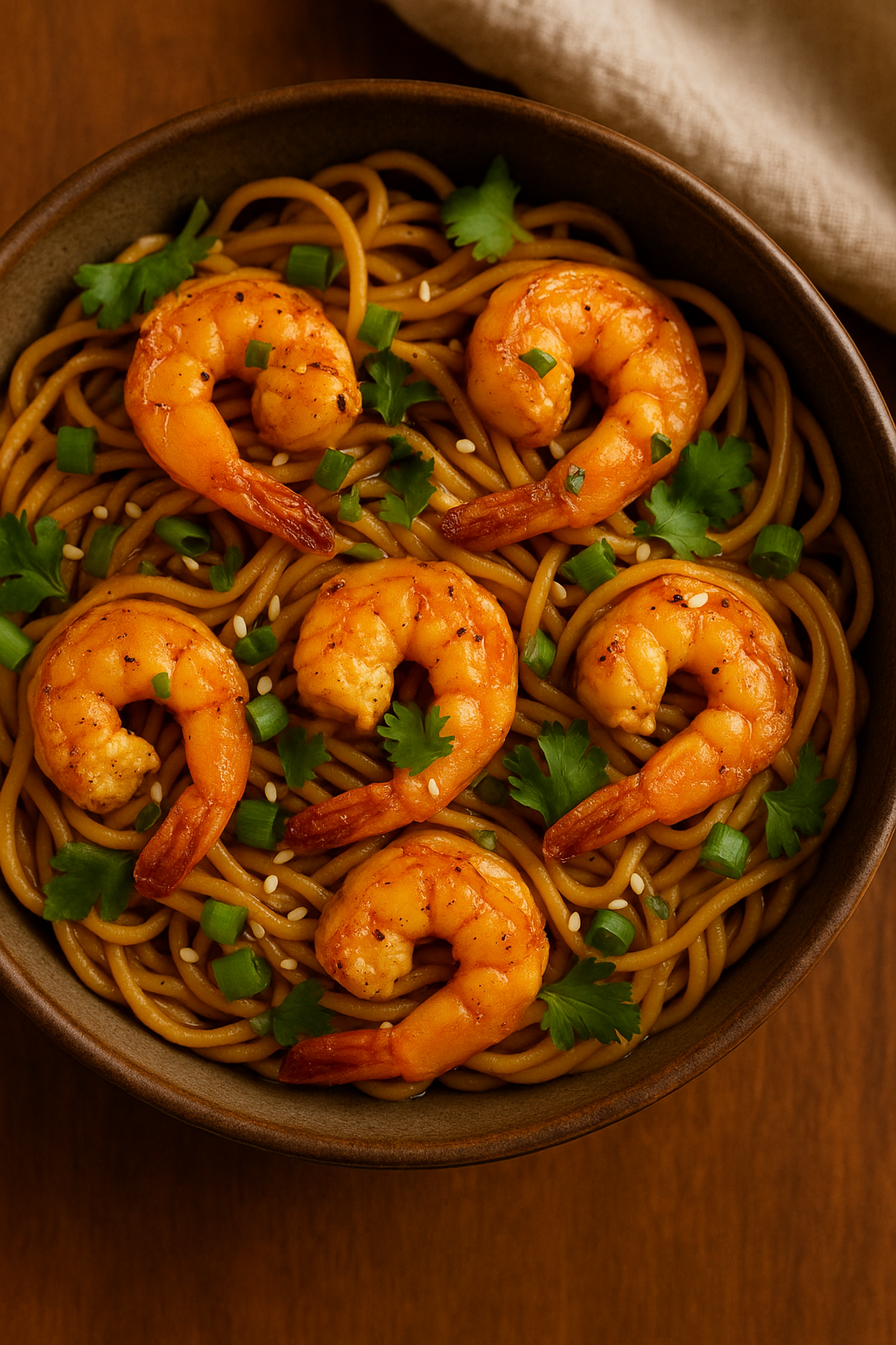 Garlic butter shrimp ramen served in a bowl topped with green onions, coriander, and sesame seeds. πΏπ