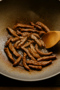 Stir-frying beef in a wok until browned and caramelized for beef and broccoli stir fry. 🍳