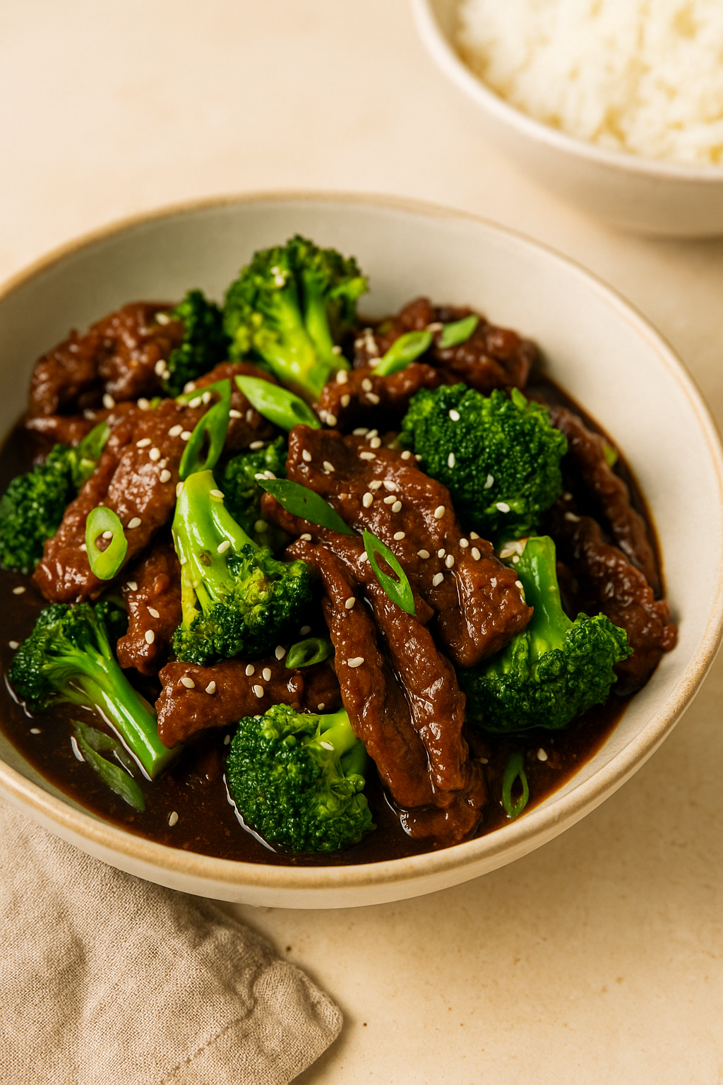 Beef and broccoli stir fry served in a bowl with sesame seeds and green onions on top. πΏπ