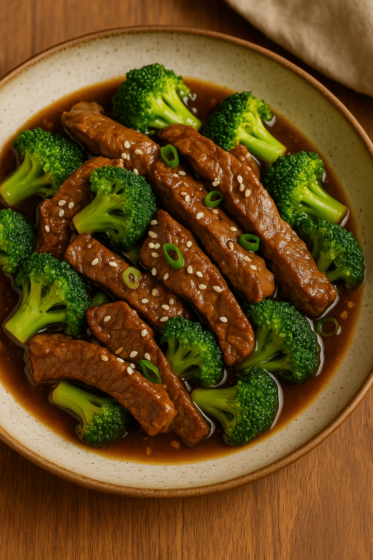 A bowl of beef and broccoli stir fry served with jasmine rice, topped with sesame seeds and green onions, glossy sauce, and warm Asian-style presentation. 🥦🍚