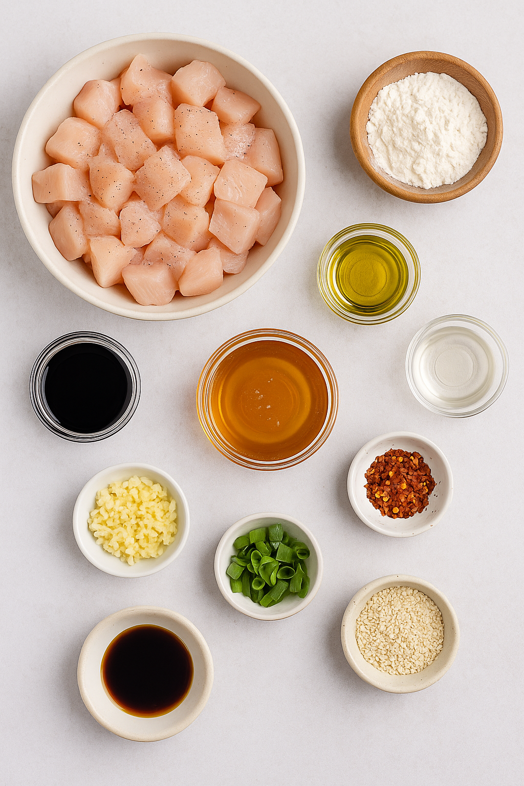 Honey Garlic Chicken ingredients – chicken, garlic, honey, soy sauce, vinegar, chili flakes, sesame seeds, and green onions prepared on a table.