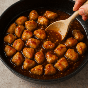 Honey Garlic Chicken simmering in a skillet while cornstarch slurry is stirred into the sauce, making it glossy and thick – step 3.