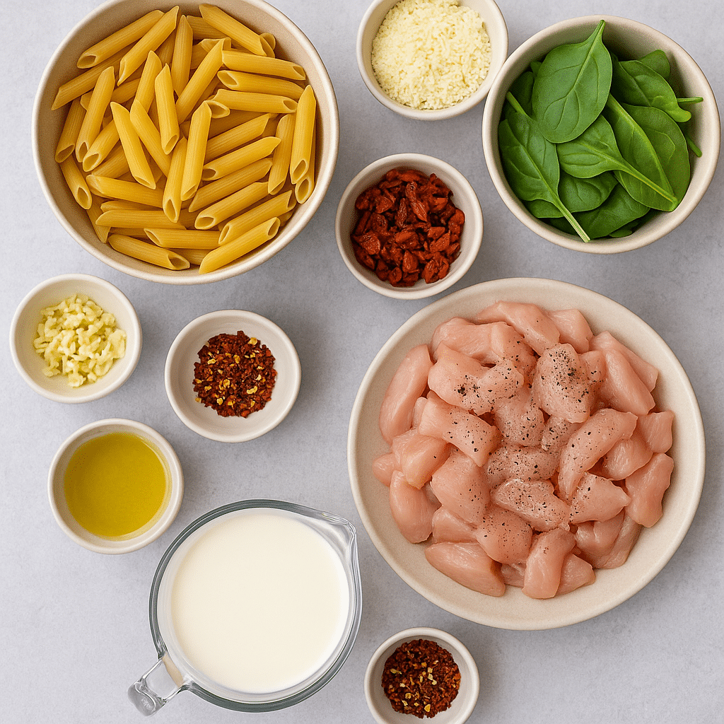 One-Pot Creamy Tuscan Chicken Pasta ingredients – pasta, chicken breast, garlic, sun-dried tomatoes, spinach, Parmesan, cream, and broth.