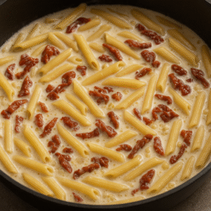 One-Pot Creamy Tuscan Chicken Pasta step 2 – penne pasta simmering in creamy broth with garlic and sun-dried tomatoes.