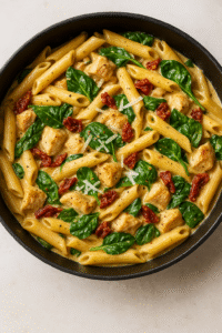 One-Pot Creamy Tuscan Chicken Pasta served in a skillet with spinach, Parmesan, chicken, and sun-dried tomatoes in creamy sauce.