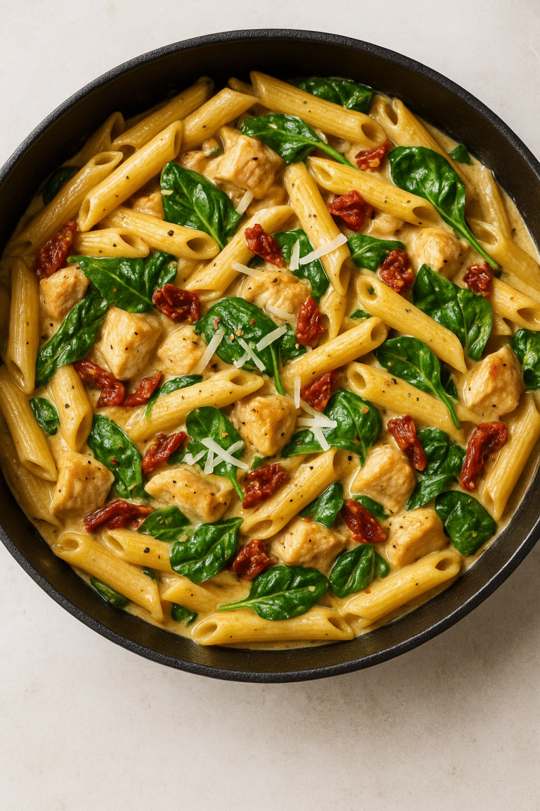 One-Pot Creamy Tuscan Chicken Pasta served in a skillet with spinach, Parmesan, chicken, and sun-dried tomatoes in creamy sauce.