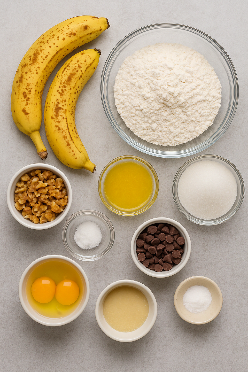 Banana Bread ingredients – ripe bananas, flour, sugar, eggs, melted butter, baking soda, salt, with optional walnuts and chocolate chips.